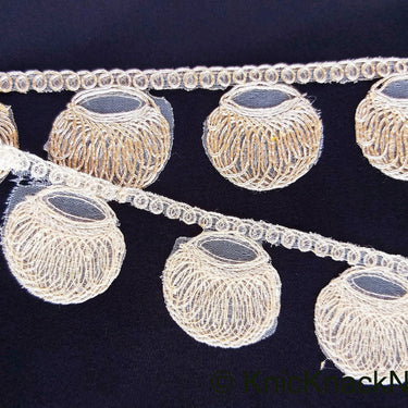 Gold Shimmer Thread Embroidered Circle Design Thread Trim, Fringe Trim, Approx. 34mm wide
